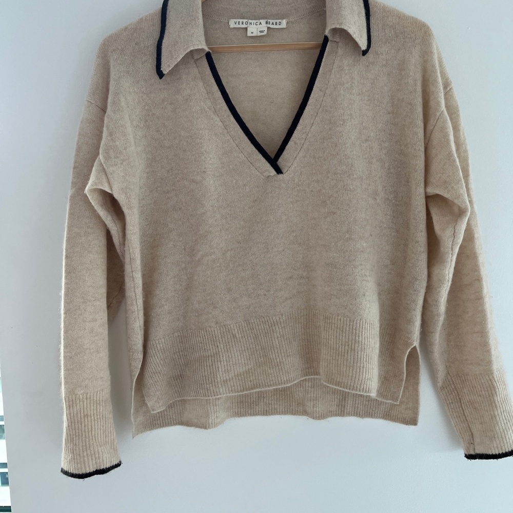 Veronica Beard Tan V-Neck Cashmere Sweater with Black Trim